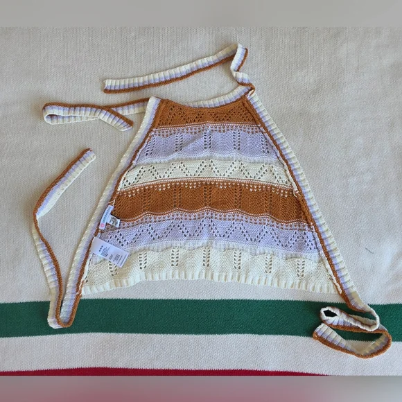 Sisstrevolution knit Back Tie Striped Pointelle Crochet Halter Crop Top S M NEW - Picture 2 of 8